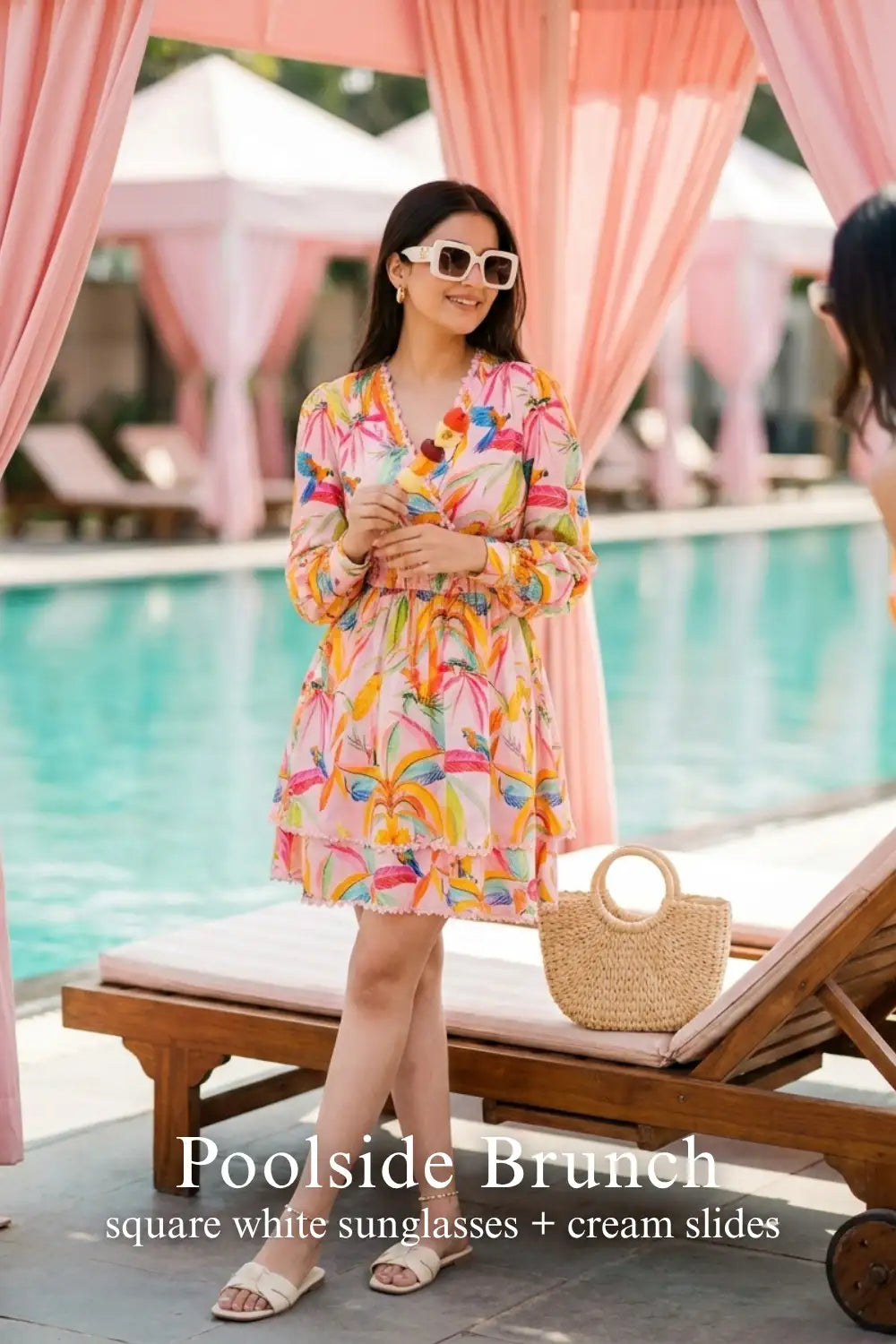 Pretty Pixie vibrant floral ruffled v-neck mini dress for poolside brunch.