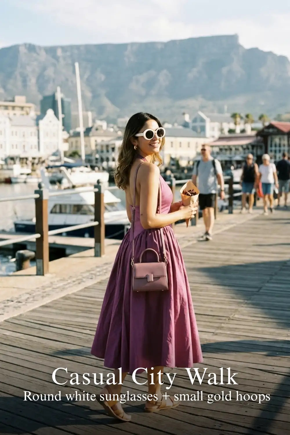 Pretty Pixie plum halter bustier cotton midi dress for casual city walk.