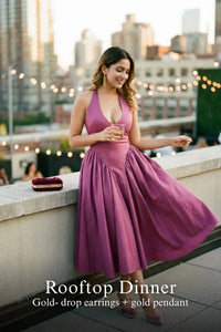 Pretty Pixie plum halter bustier cotton midi dress for rooftop dinner.