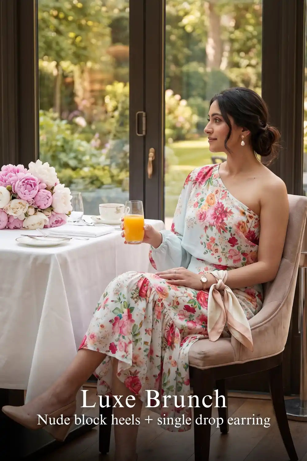 Woman in Pretty Pixie powder blue one-shoulder floral ruffle midi dress styled for a luxe brunch
