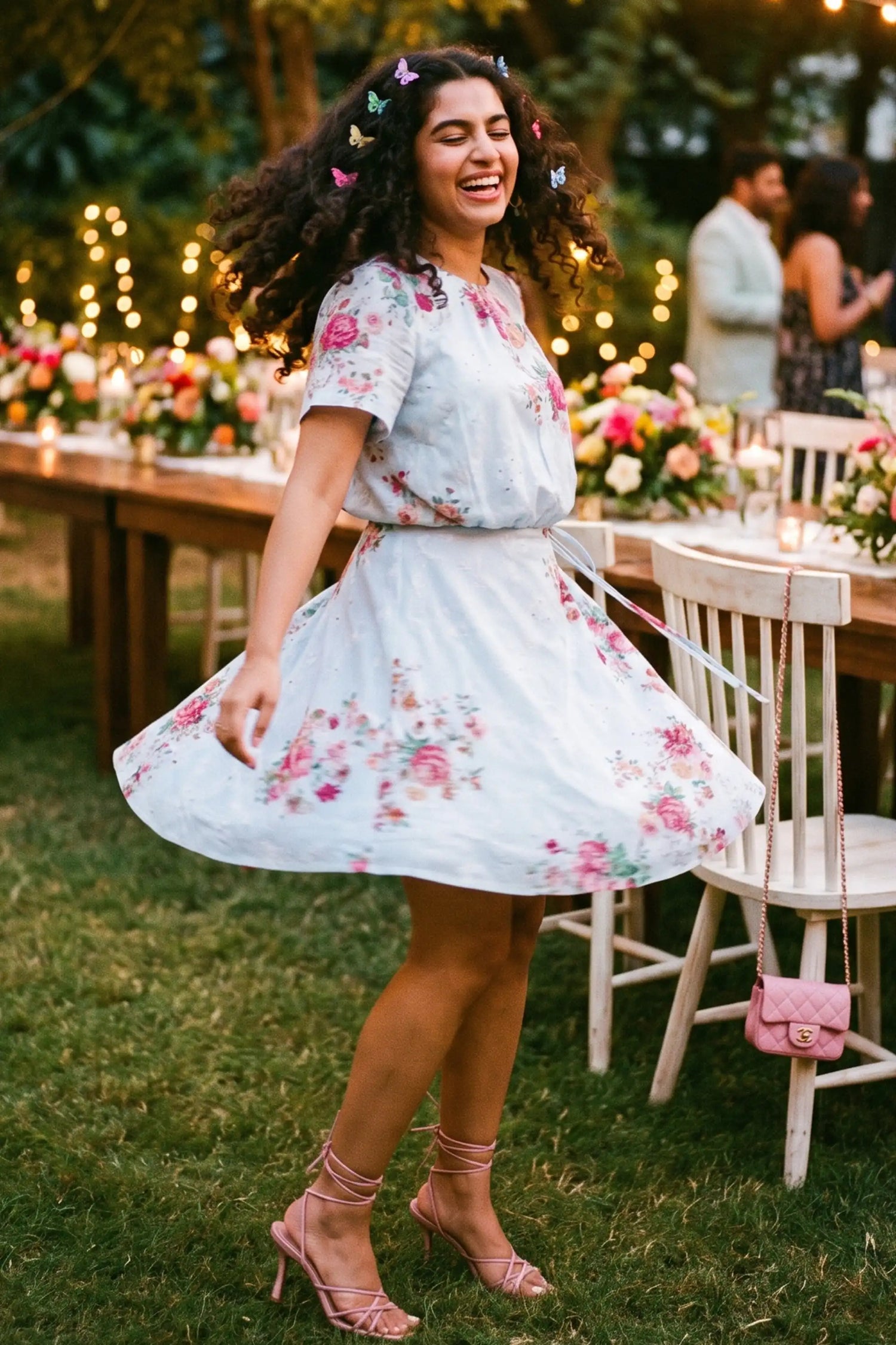 Woman twirling at an outdoor garden party wearing Pretty Pixie's powder blue floral tie-waist mini dress