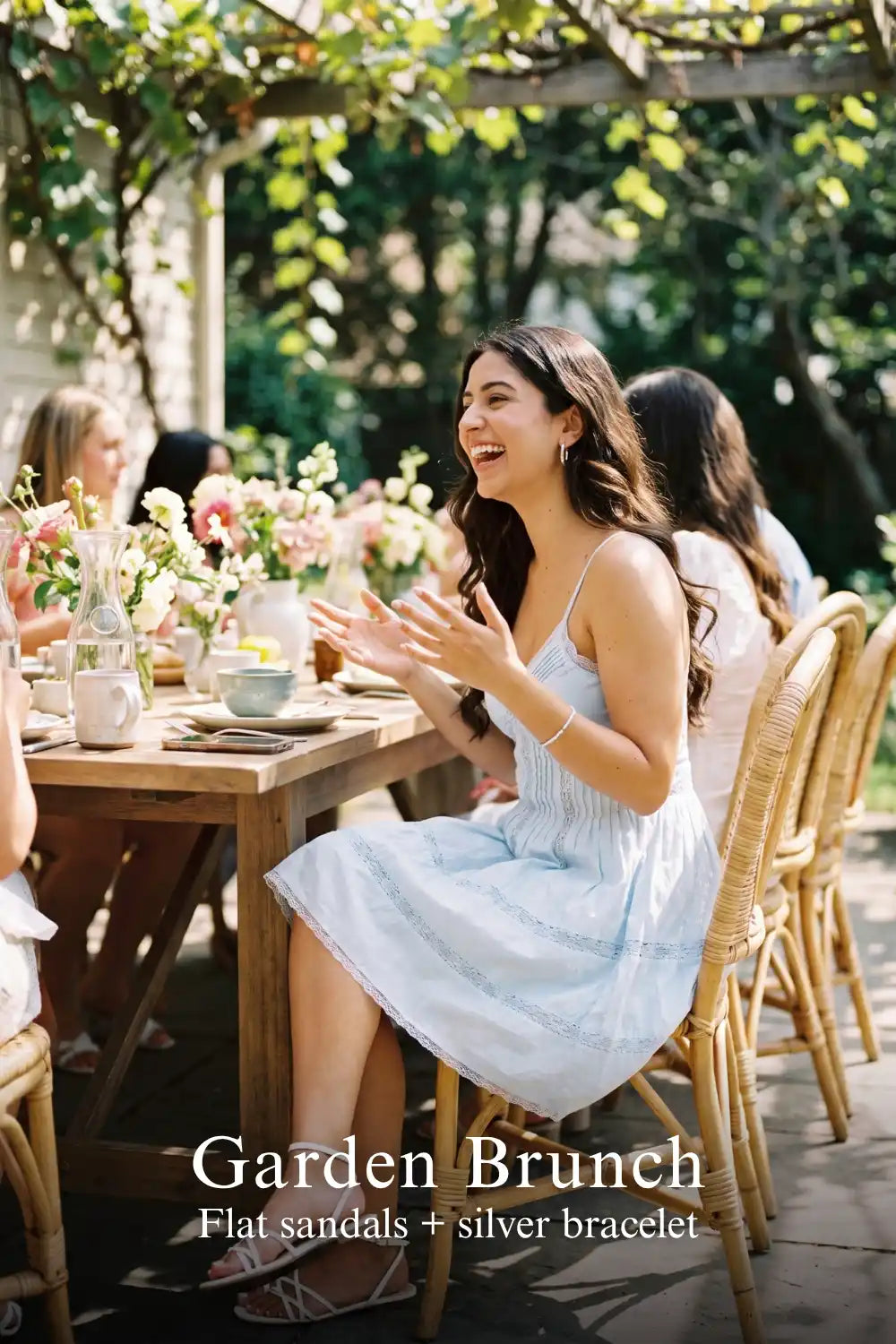 Pretty Pixie powder blue lace-trim spaghetti strap mini dress for garden brunch.