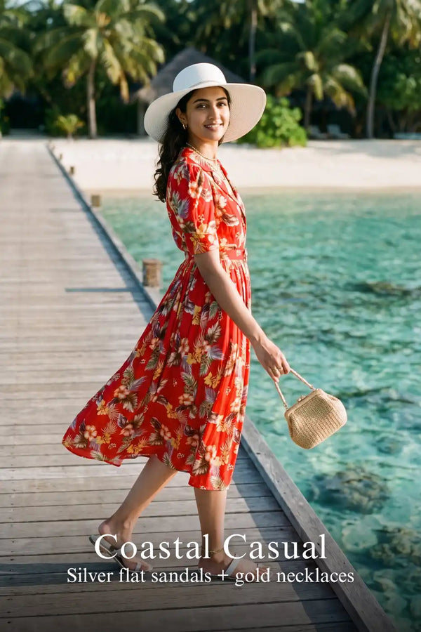 Red Botanical V-Neck Belted Shirt Midi Dress — view 3