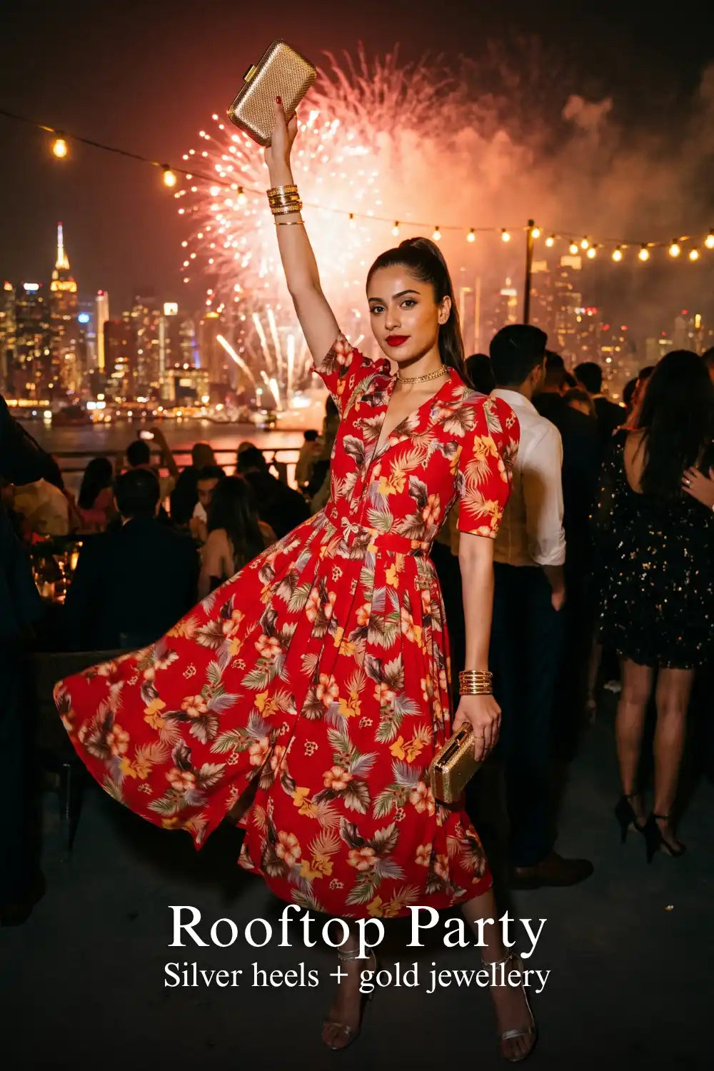 Woman in Pretty Pixie red botanical v-neck belted shirt midi dress styled for a rooftop party