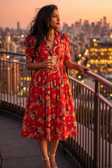 Red Botanical V-Neck Belted Shirt Midi Dress