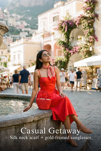 Pretty Pixie coral red spaghetti strap bustier midi dress for casual getaway.