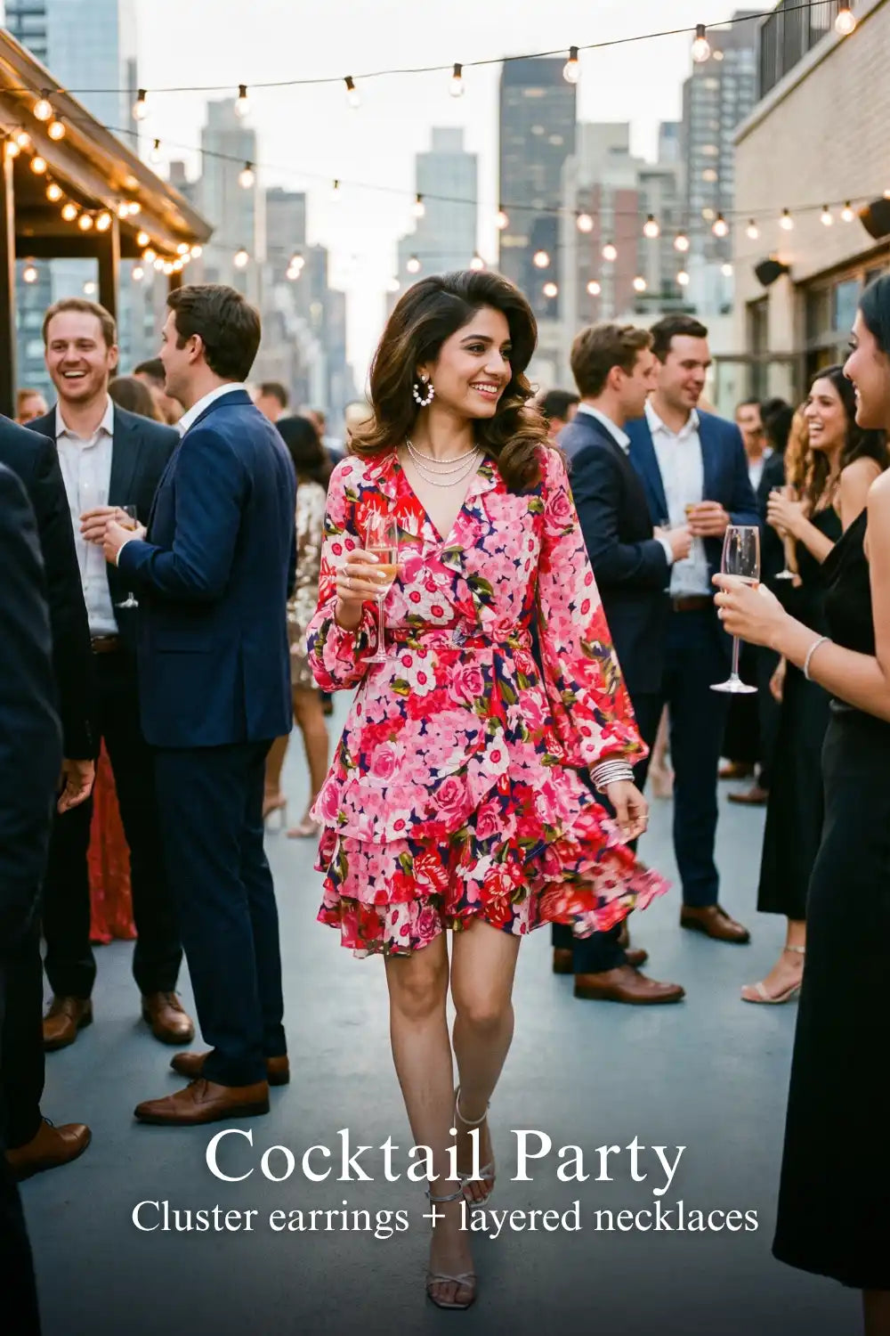 Pretty Pixie red floral wrap ruffle long-sleeve mini dress styled for a cocktail party