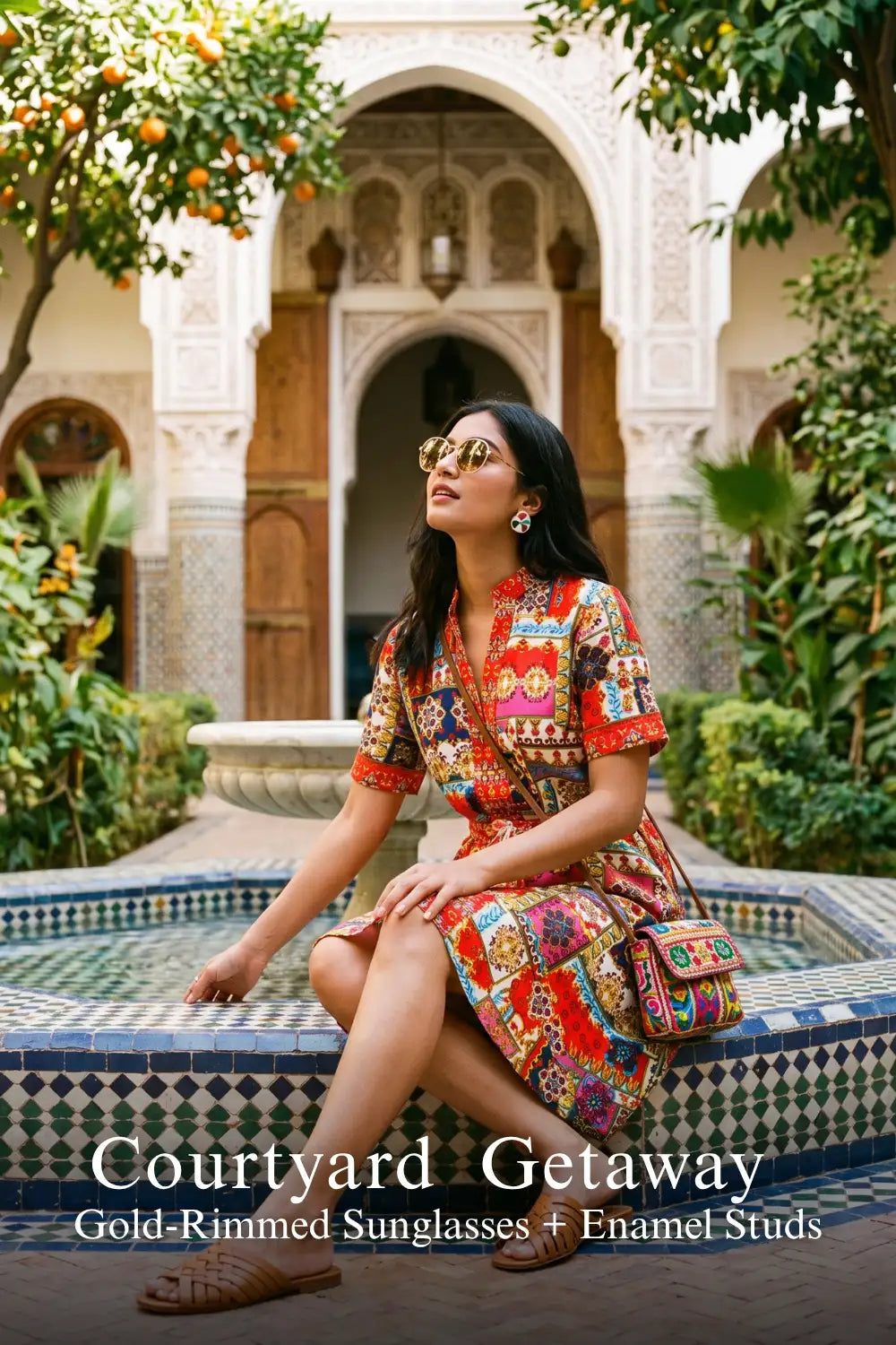 Pretty Pixie red mosaic-print shirt dress for courtyard getaway.