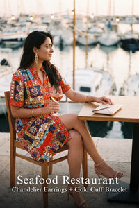 Pretty Pixie red mosaic-print shirt dress for seafood restaurant.