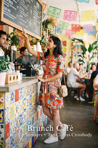 Pretty Pixie red mosaic-print shirt dress for brunch café, styled with sneakers.