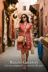 Pretty Pixie coral boho red smocked waist ruffle dress for resort getaway.