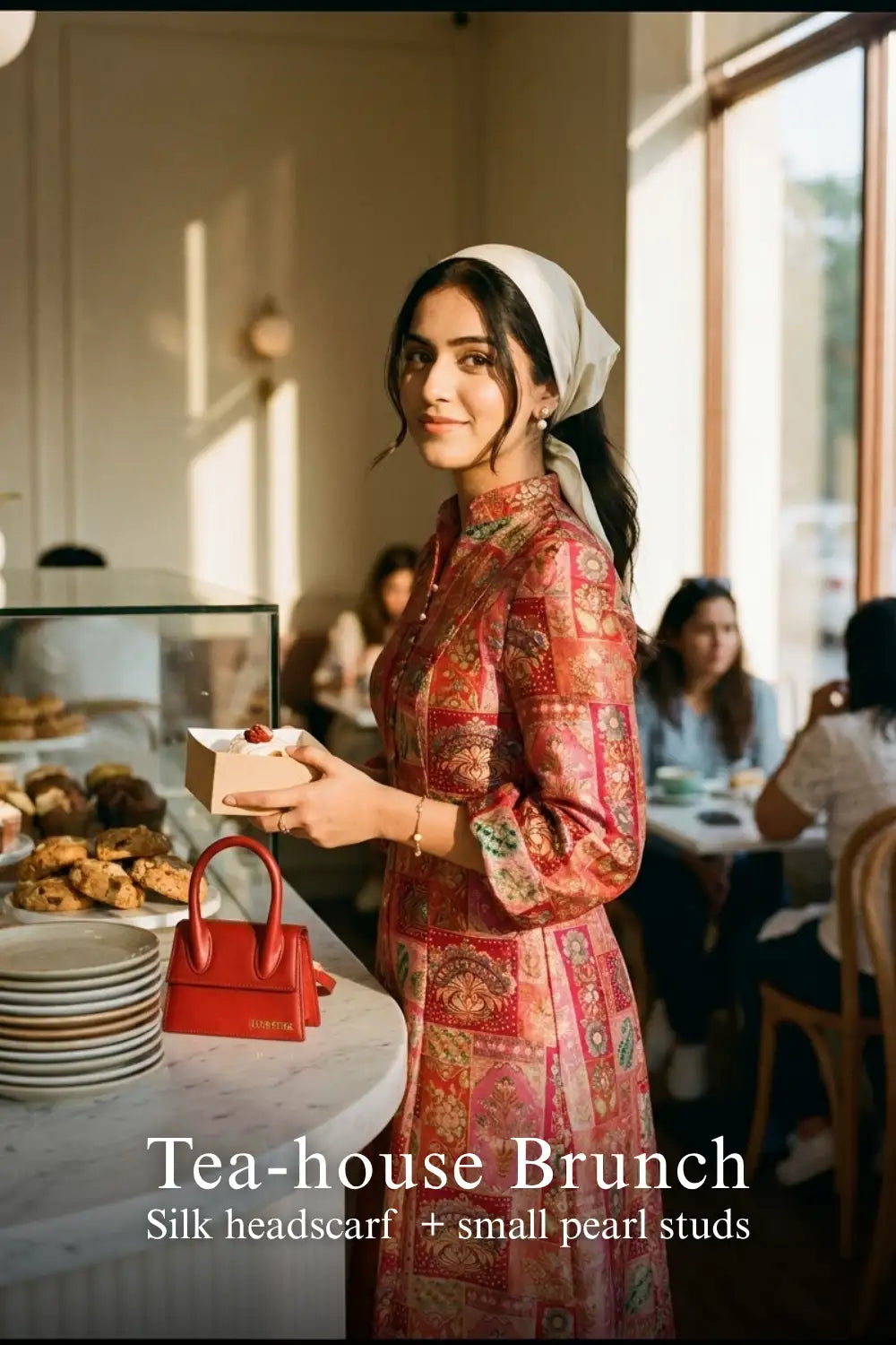 Pretty Pixie rose red jacquard belted midi dress for tea house brunch.