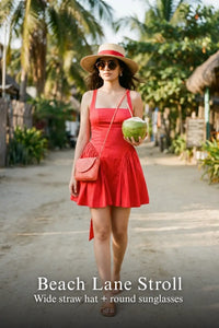 Pretty Pixie coral red pleated square-neck mini dress for beach lane stroll.