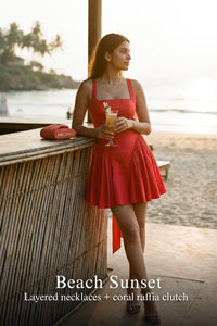 Pretty Pixie coral red pleated square-neck mini dress for beach sunset.