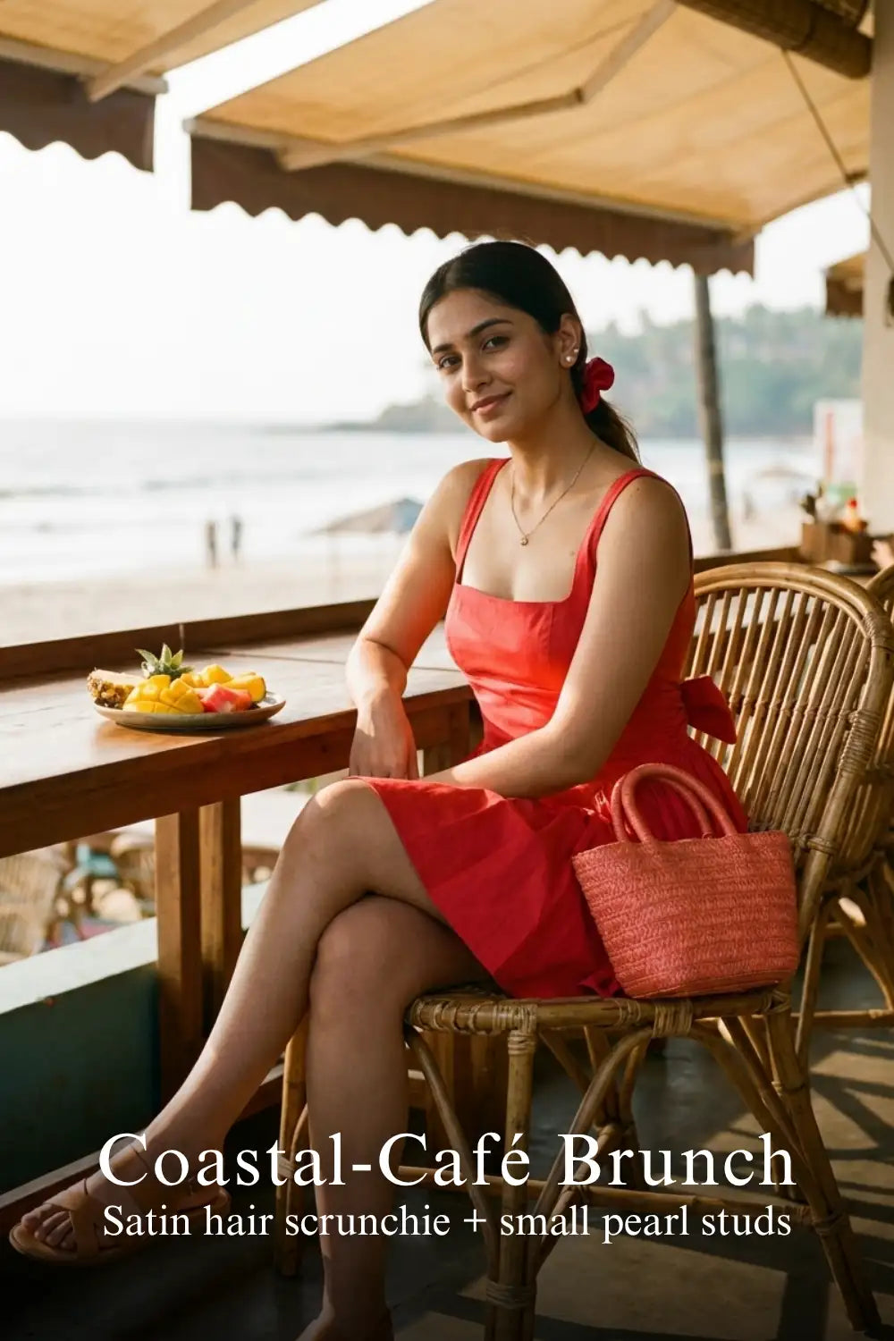 Pretty Pixie coral red pleated square-neck mini dress for coastal cafe brunch.