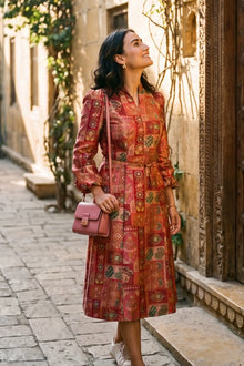 Rose Red Jacquard Belted Midi Dress
