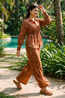 Rust Floral Belted Shirt & Flare Pants Co-Ord Set