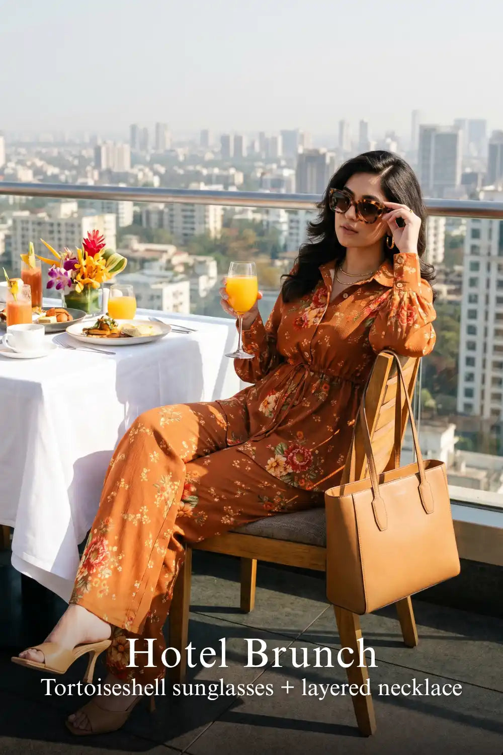 Woman in Pretty Pixie rust floral belted shirt & flare pants co-ord set styled for a hotel brunch