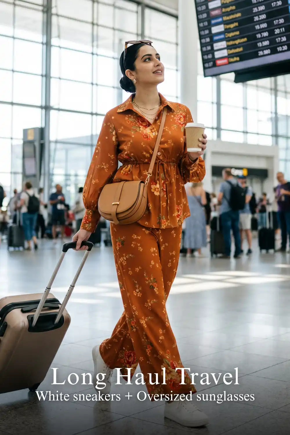 Woman in Pretty Pixie rust floral belted shirt & flare pants co-ord set styled for a long haul travel