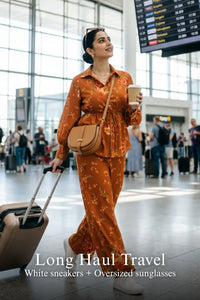 Woman in Pretty Pixie rust floral belted shirt & flare pants co-ord set styled for a long haul travel