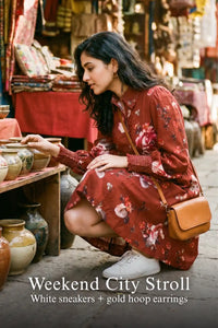 Woman in Pretty Pixie rust red floral button-down belted long sleeve mini dress styled for a weekend city stroll