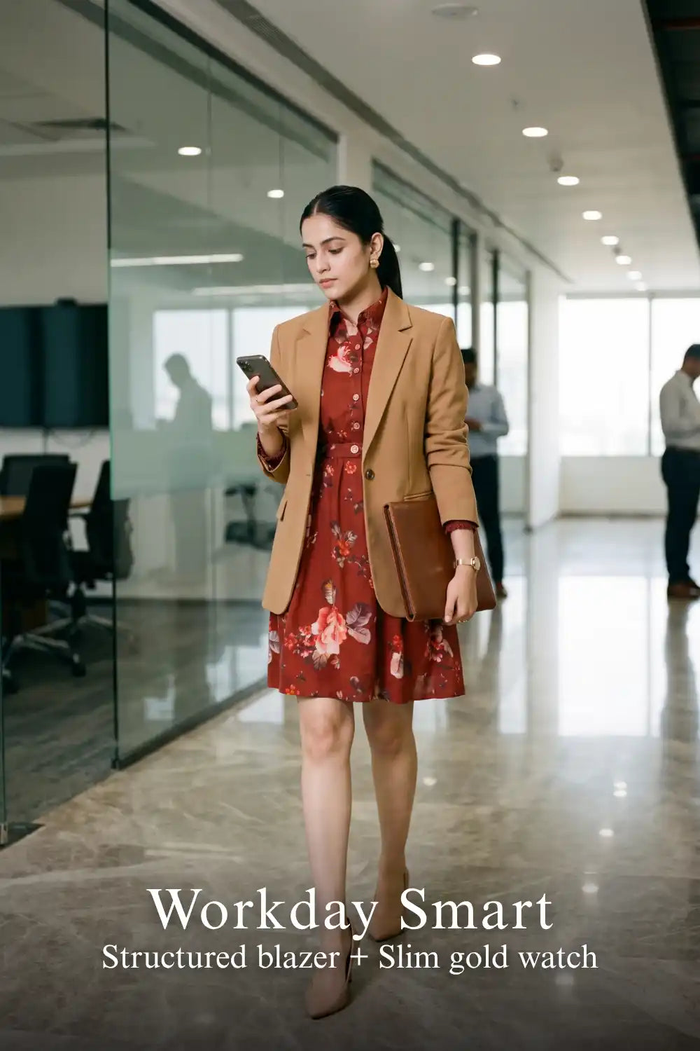 Woman in Pretty Pixie rust red floral button-down belted long sleeve mini dress styled for a workday smart