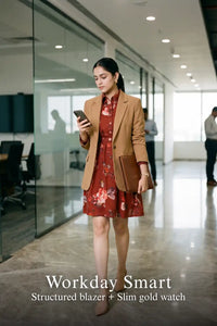 Woman in Pretty Pixie rust red floral button-down belted long sleeve mini dress styled for a workday smart