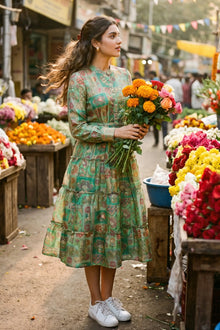 Sage Boho Green Jacquard Floral Belted Midi Dress