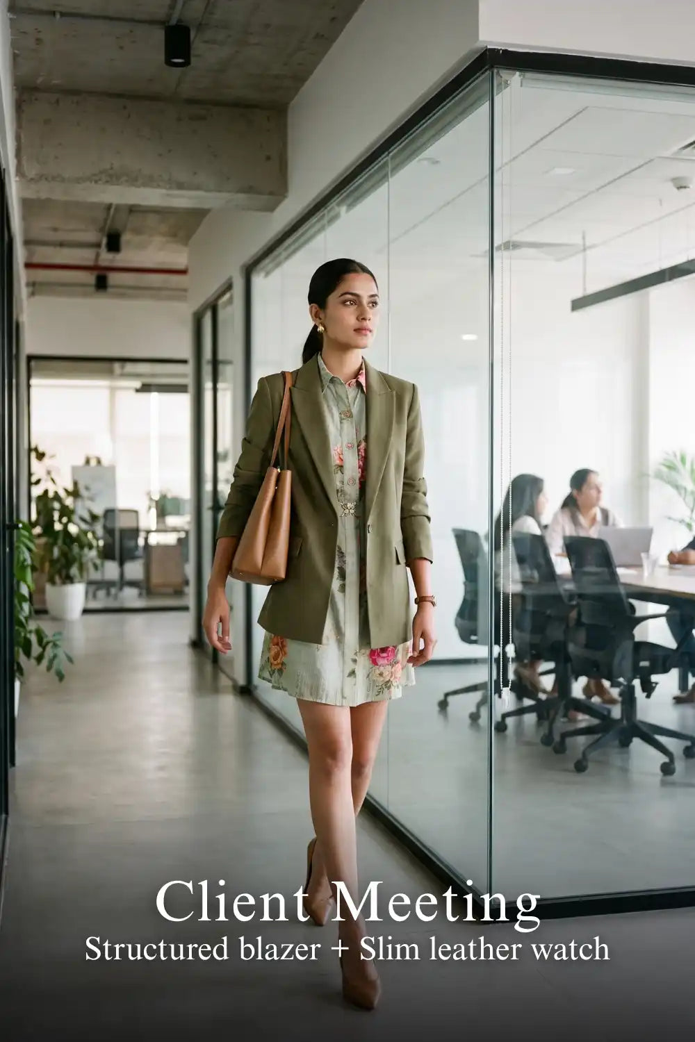 Woman in Pretty Pixie sage floral belted shirt mini dress styled for a client meeting