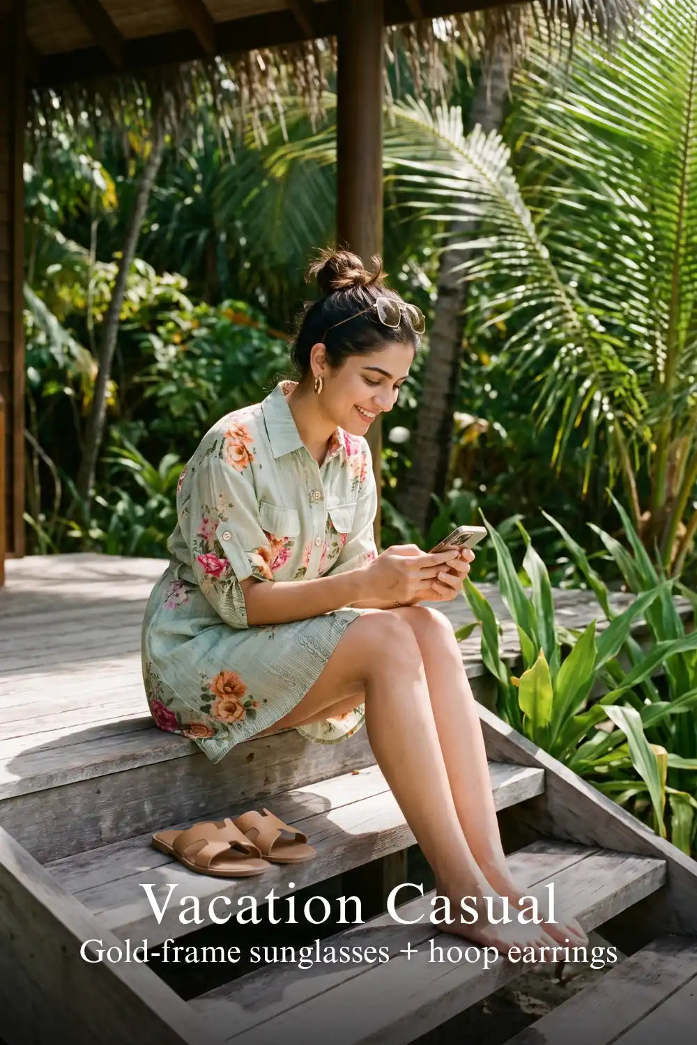 Woman in Pretty Pixie sage floral belted shirt mini dress styled for a vacation casual