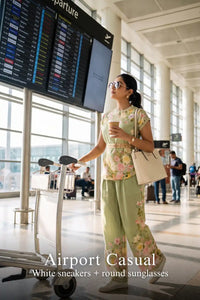 Woman in Pretty Pixie sage green floral co-ord top & wide pants styled for an airport casual