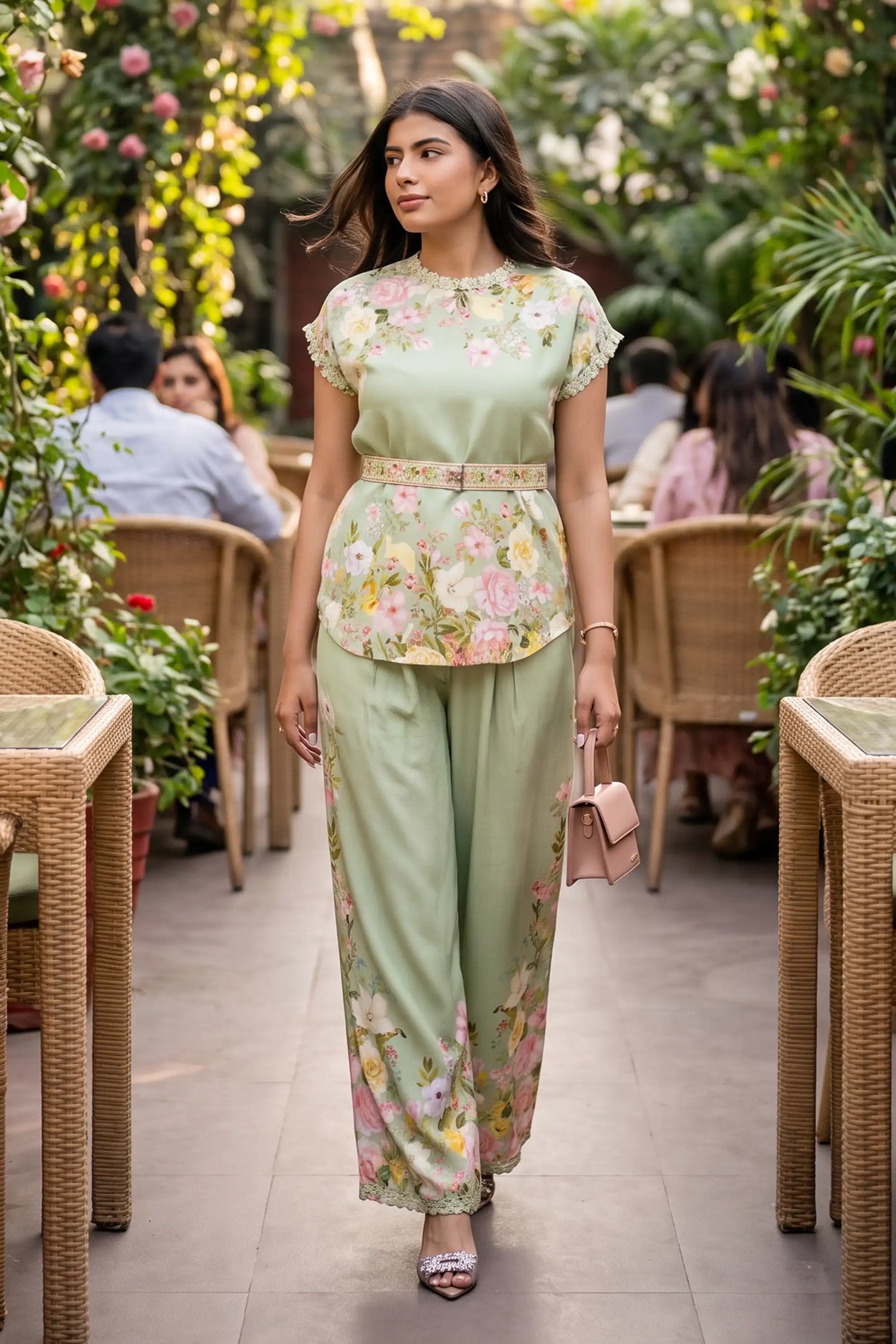 Woman in sage green floral co-ord top and wide-leg pants with beaded belt walking through garden cafe with rattan chairs - Pretty Pixie co-ord set