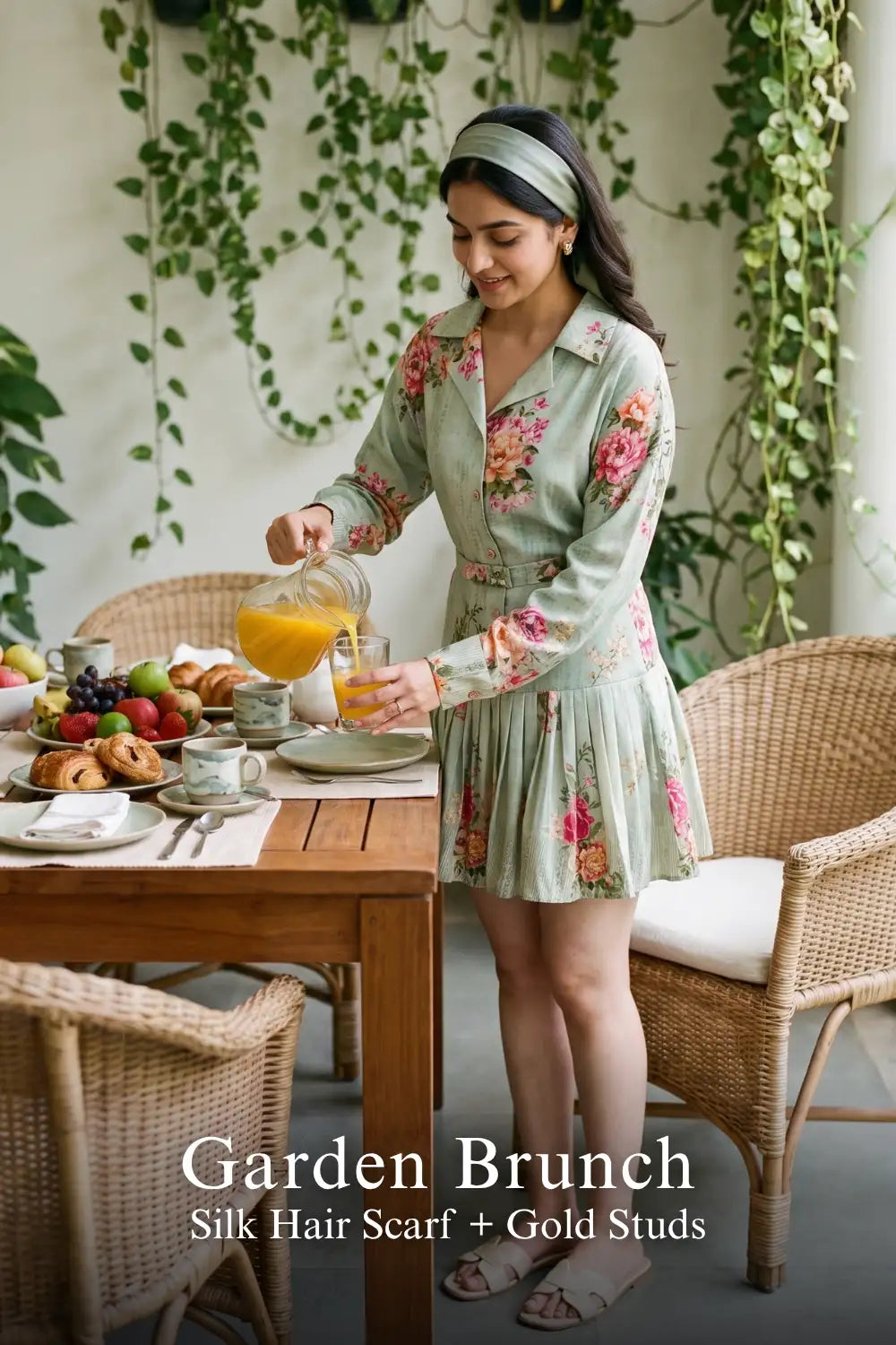 Pretty Pixie sage floral shirt dress for garden brunch, with silk hair scarf.