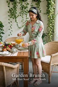 Pretty Pixie sage floral shirt dress for garden brunch, with silk hair scarf.