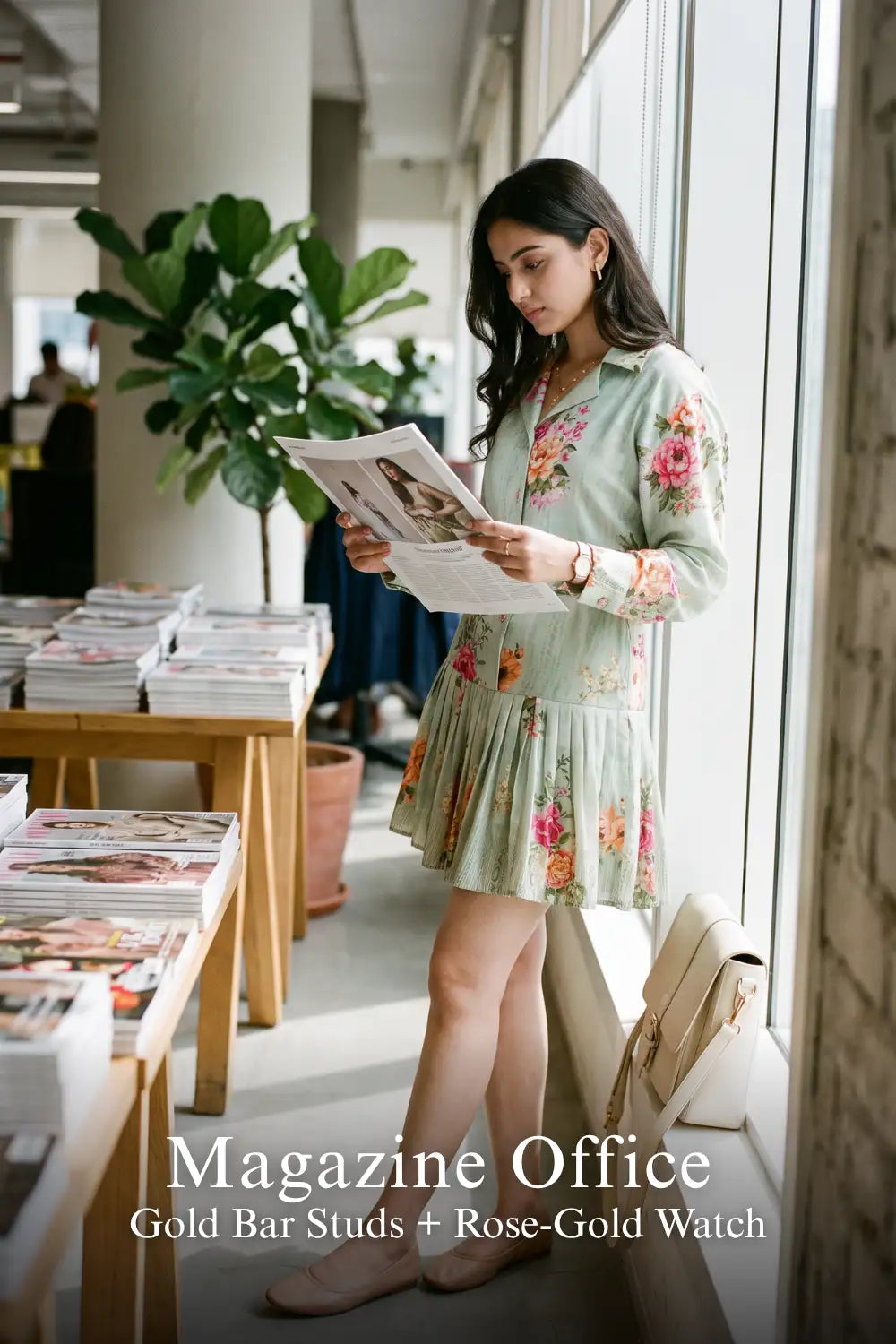 Pretty Pixie sage floral shirt dress for magazine office, with gold bar studs.