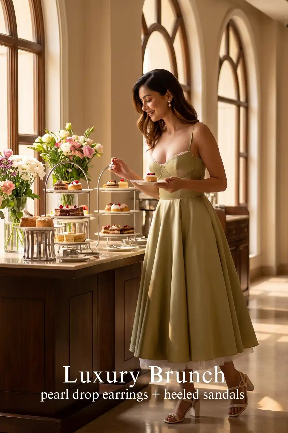 Pretty Pixie olive green cotton bustier spaghetti strap dress for luxury brunch.