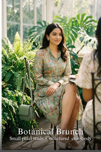Pretty Pixie sage boho green jacquard floral belted dress for botanical brunch.