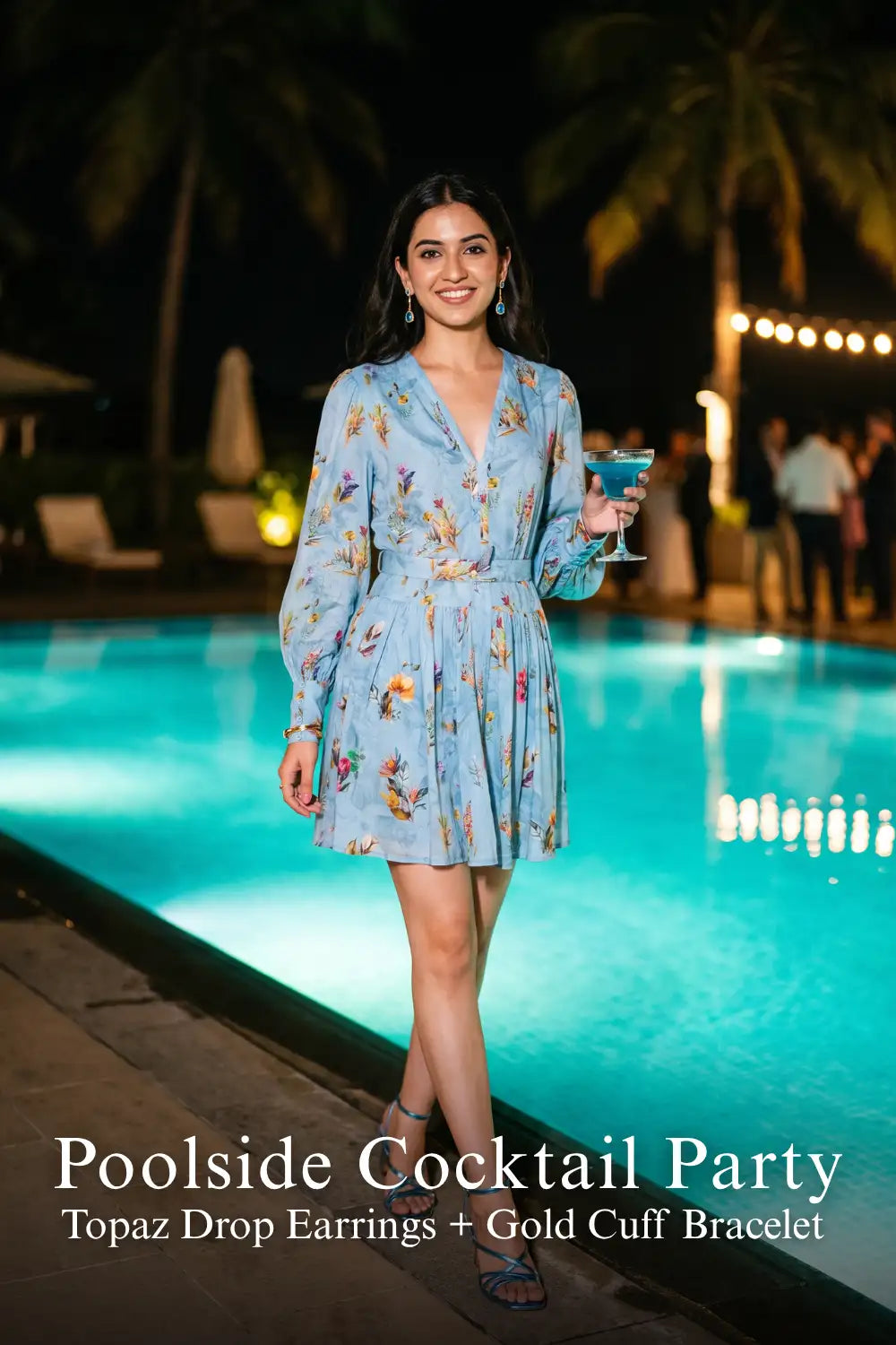 Pretty Pixie sky-blue floral mini dress for poolside cocktail party.
