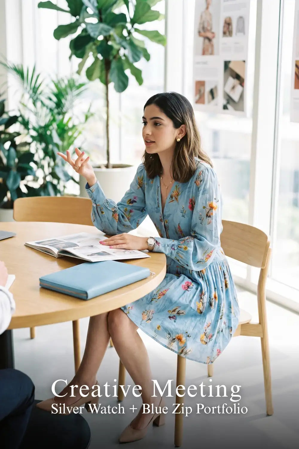 Pretty Pixie sky-blue floral mini dress for creative meeting.