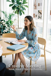 Pretty Pixie sky-blue floral mini dress for creative meeting.