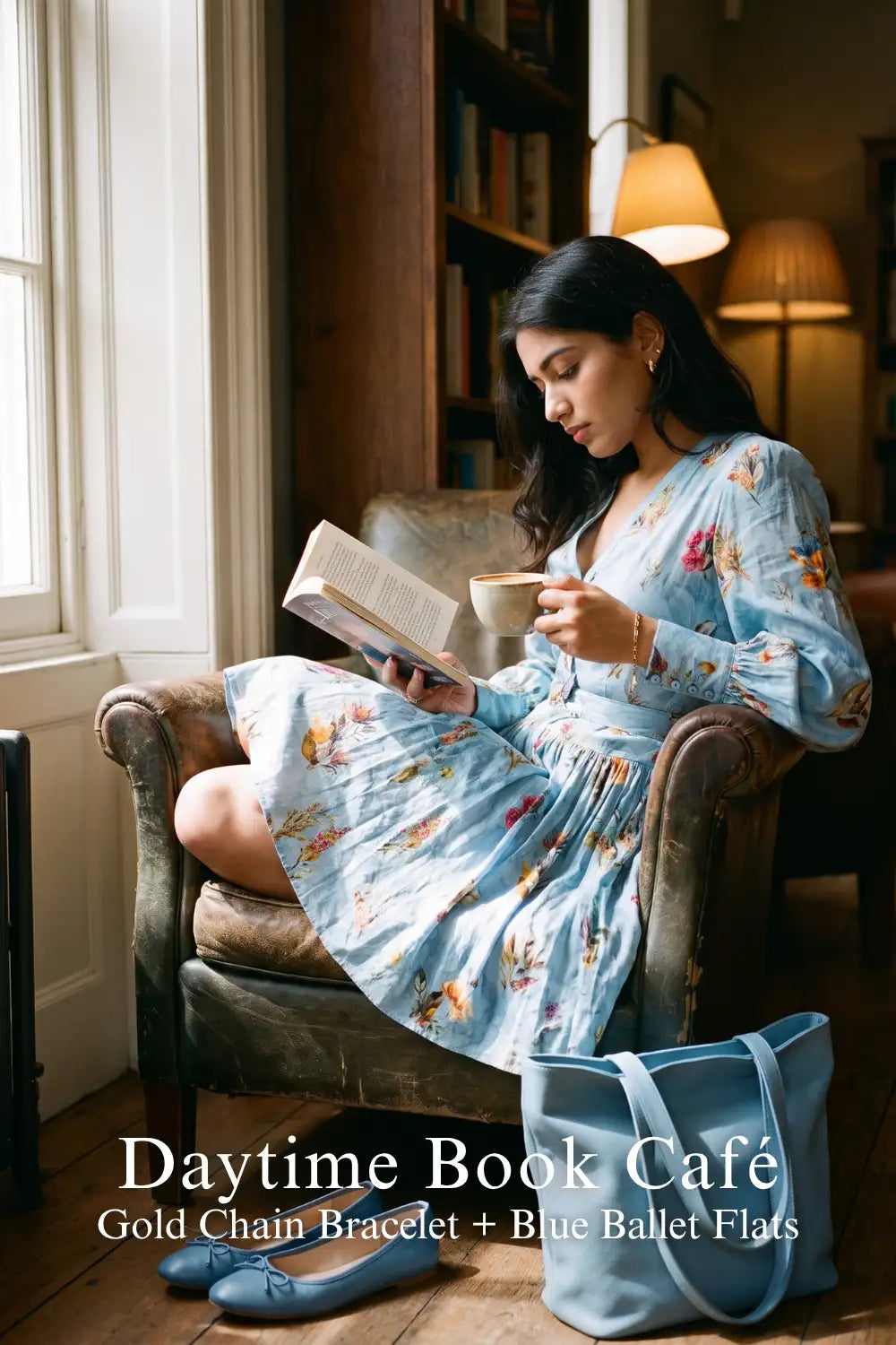 Pretty Pixie sky-blue floral mini dress for daytime book café.
