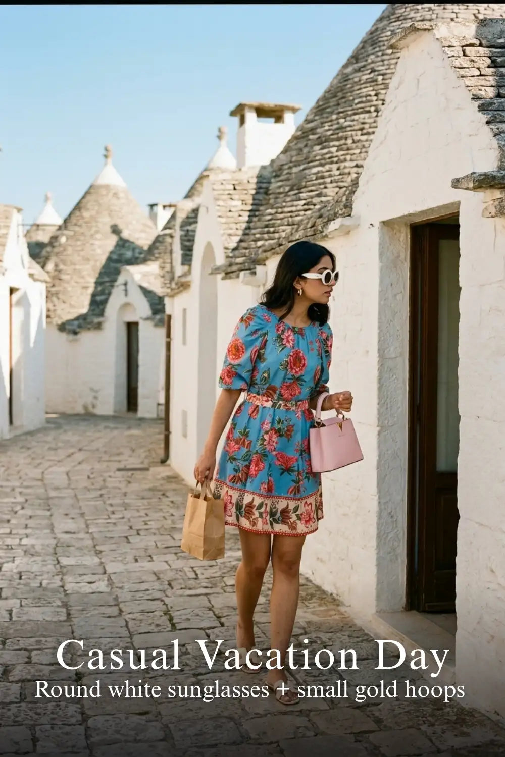Pretty Pixie blue floral puff-sleeve belted mini dress styled for a casual vacation day
