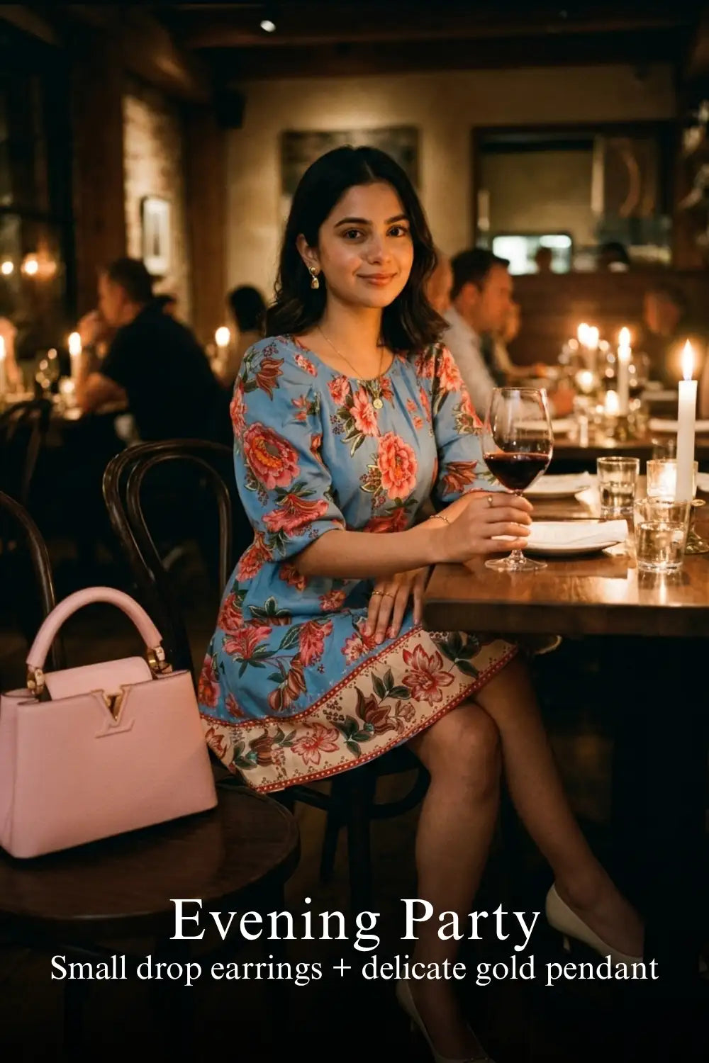 Pretty Pixie blue floral puff-sleeve belted mini dress styled for an evening party