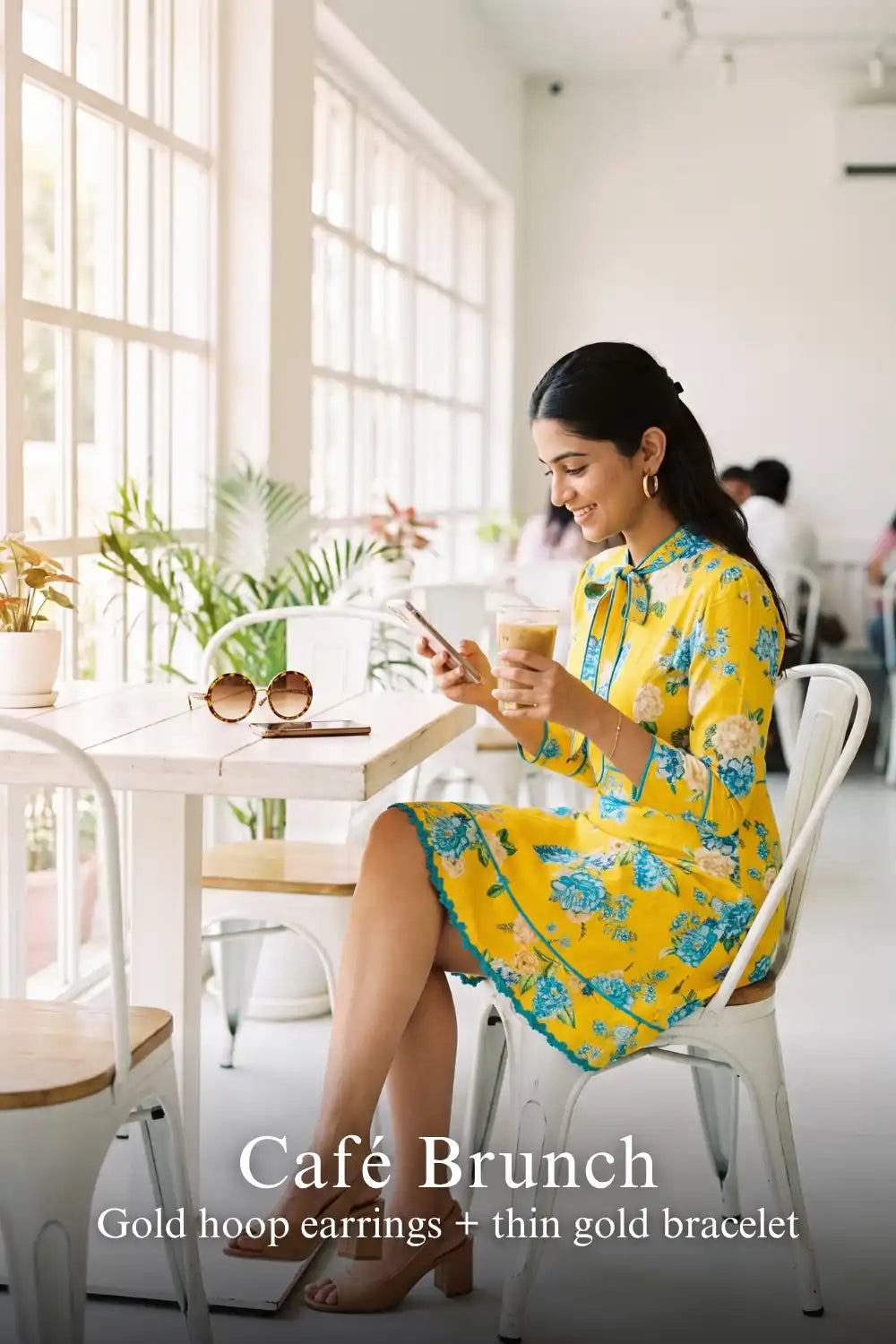 Woman in Pretty Pixie sunshine yellow floral bow-tie mini dress styled for a cafe brunch