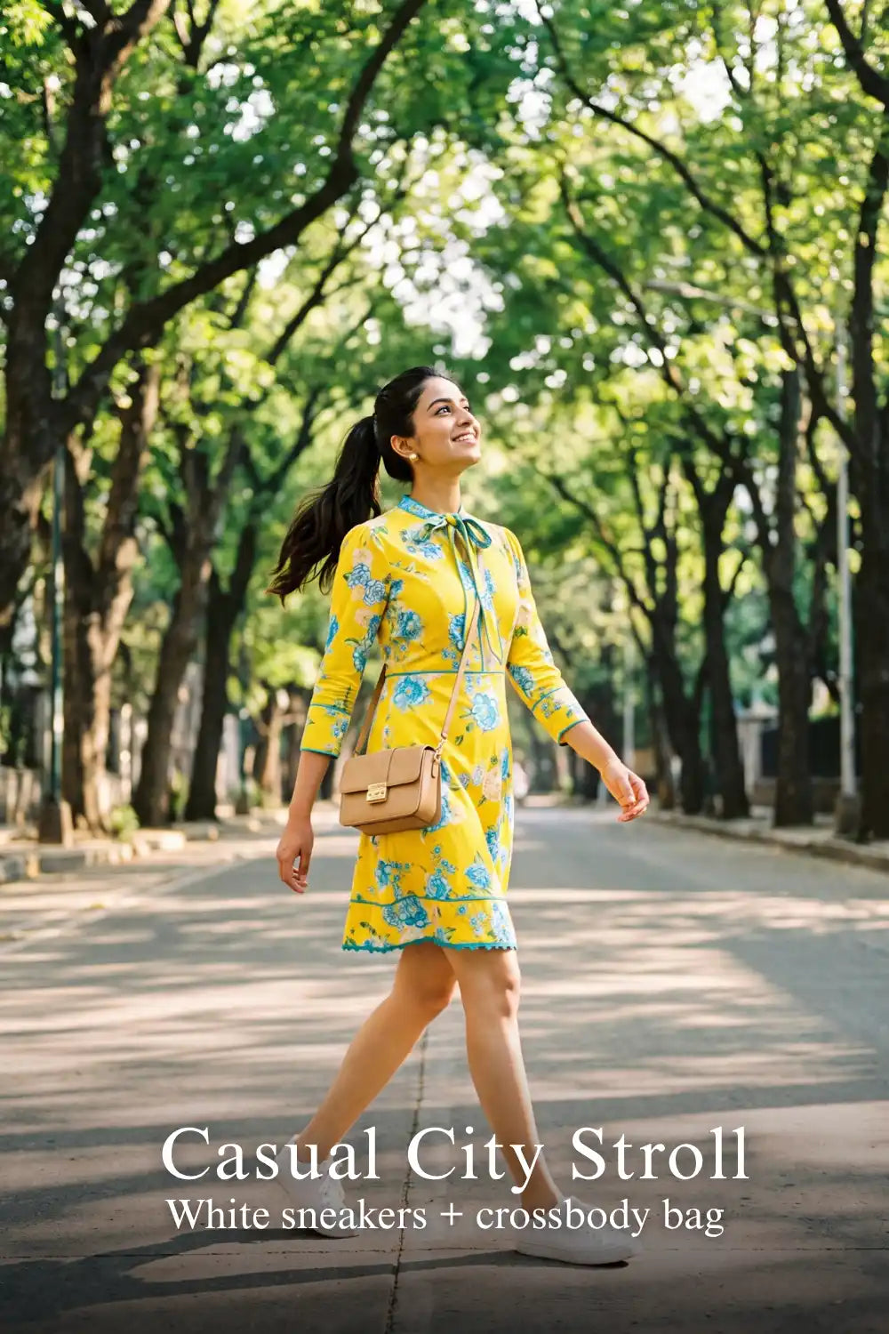 Woman in Pretty Pixie sunshine yellow floral bow-tie mini dress styled for a casual city stroll