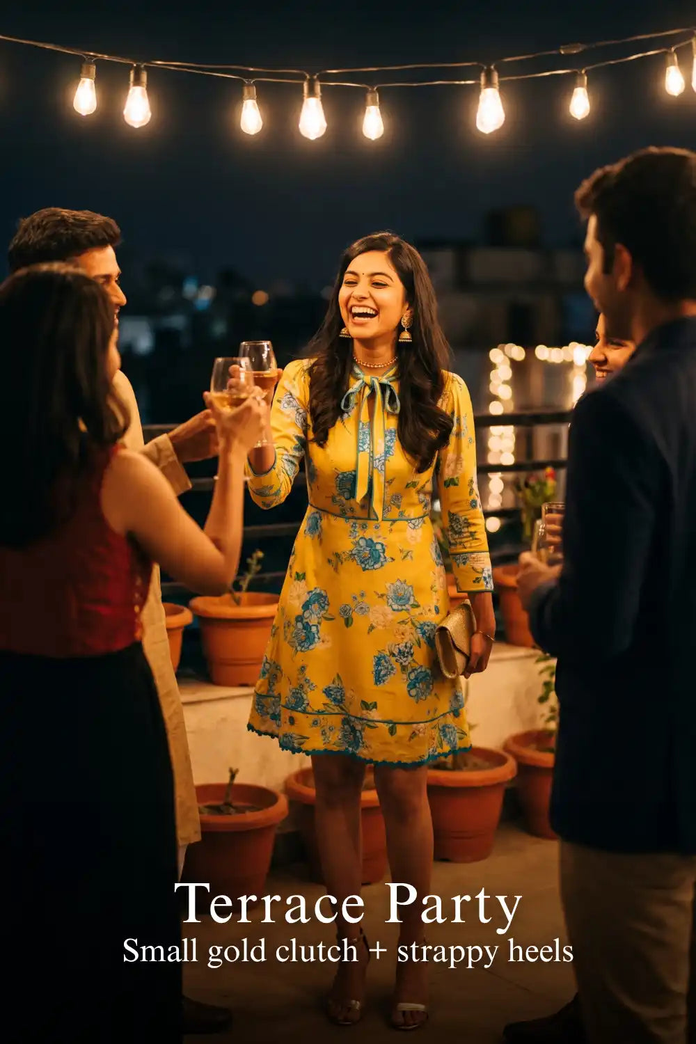 Woman in Pretty Pixie sunshine yellow floral bow-tie mini dress styled for a terrace party