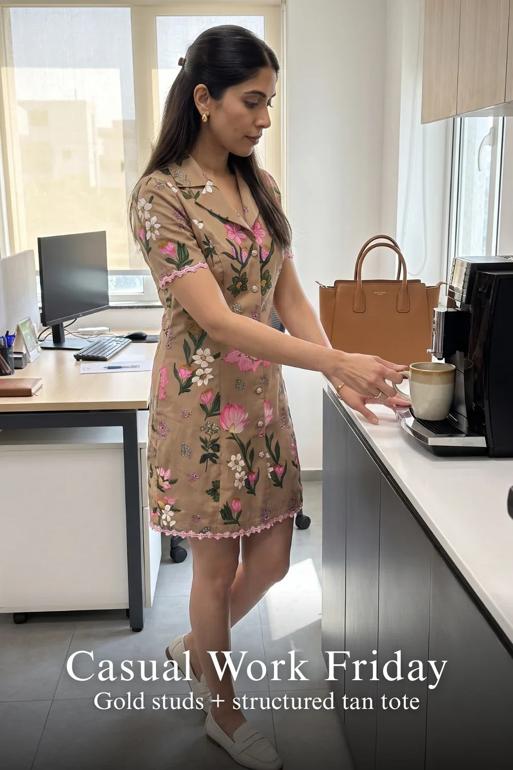 Tan Floral Mini Dress | Button-Front