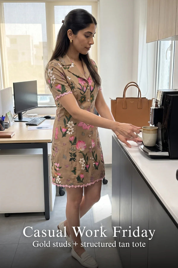 Tan Floral Button-Front Mini Dress — view 2