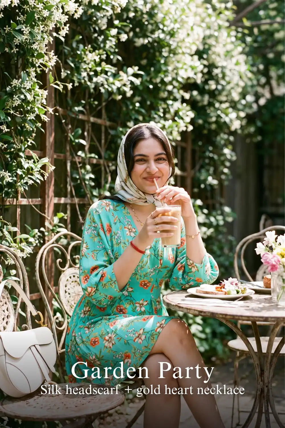 Woman in Pretty Pixie turquoise floral puff-sleeve belted mini dress styled for a garden party