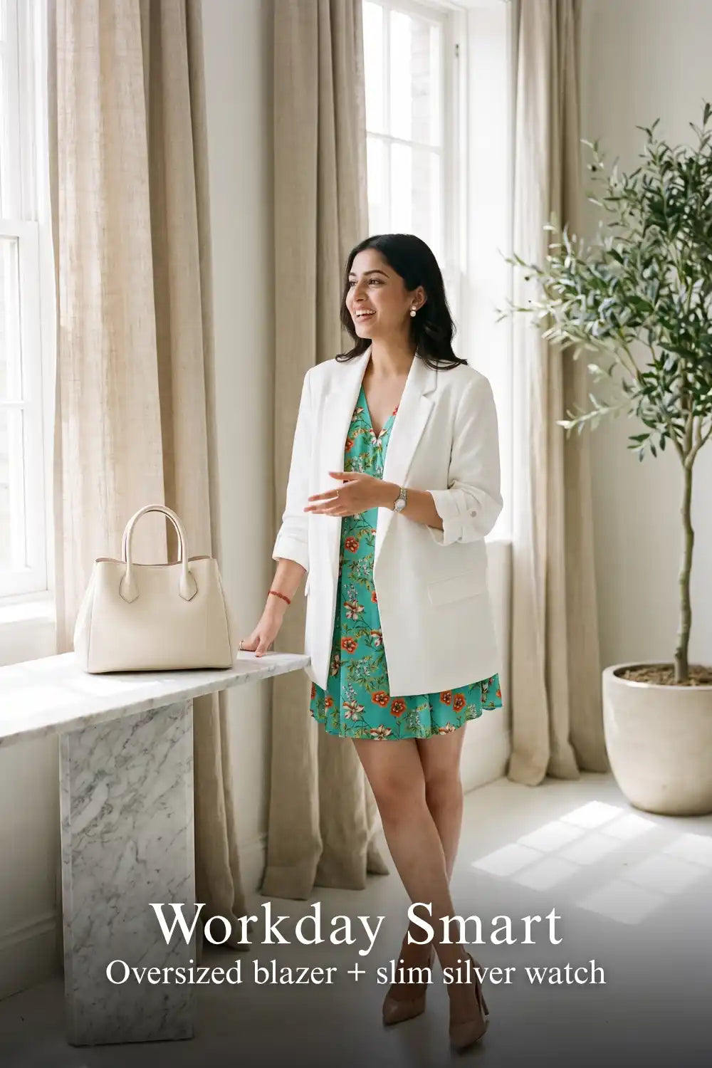 Woman in Pretty Pixie turquoise floral puff-sleeve belted mini dress styled for a workday smart 3